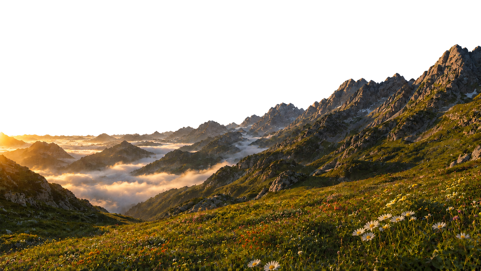 A wildflower meadow and mountain range rising above a sea of morning clouds
